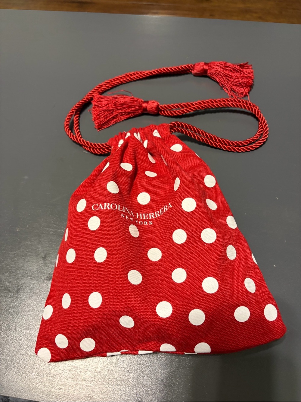 Carolina Herrera Red Polka Dot Drawstring Cosmetic Pouch